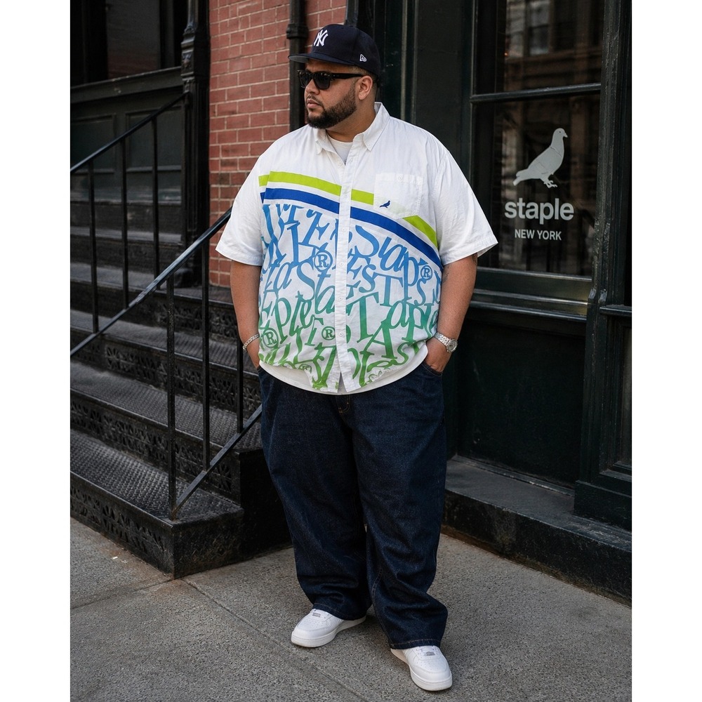 Staple Pigeon Y2K Mens Graffiti Button Down Shirt White Blue Green Street 2XL